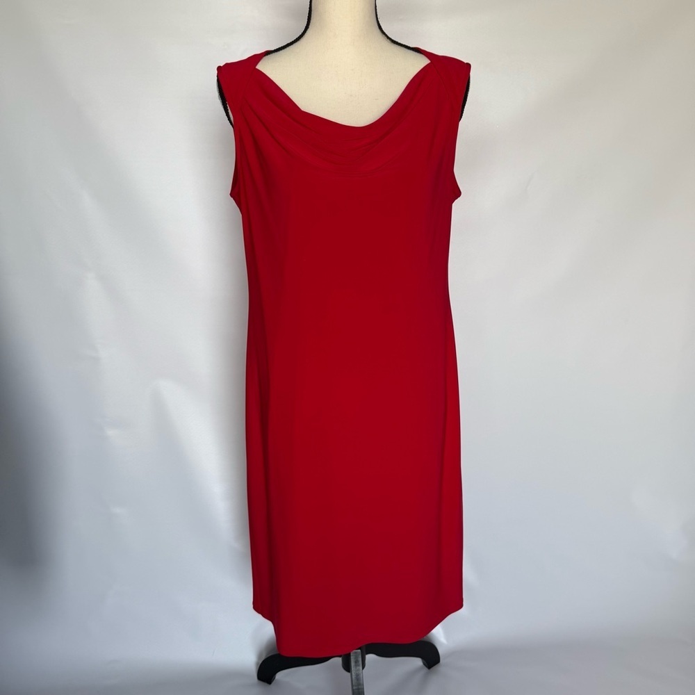 Evan Picone Woman’s Elegant Red Draped Neck Flattering Sheath Midi Dress 12 - Picture 2 of 15
